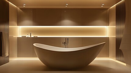 Modern freestanding bathtub in a luxury bathroom illuminated with warm lighting perfect for interior design and relaxation concepts