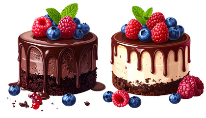  1. Two Cakes with Berries and Chocolat 2. Assorted Berry and Chocolate Cake Duo Display isolated on transparent backgrounde Variations isolated on transparent background