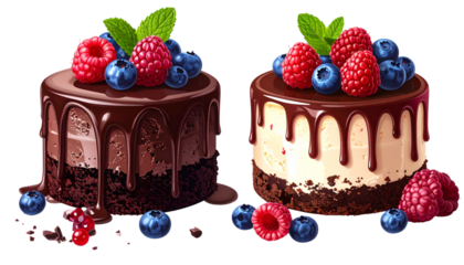  1. Two Cakes with Berries and Chocolat 2. Assorted Berry and Chocolate Cake Duo Display isolated on transparent backgrounde Variations isolated on transparent background