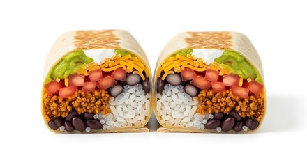 Delicious Burrito Cut in Half Showing Layers of Ingredients