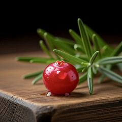A dramatic and detailed macro shot of a single, perfect cranberry with a water droplet on a rustic wooden board.