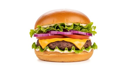 Delicious Cheeseburger with Fresh Ingredients on White Background