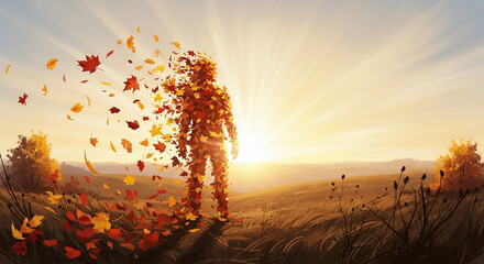Conceptual art showing a human silhouette made of swirling autumn leaves in warm colors, standing on a hill and looking towards a hopeful, glowing sunrise.