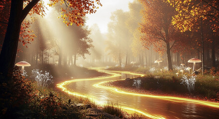 peaceful landscape where a gentle river flows with liquid gold light instead of water, winding through a serene, misty autumn forest.