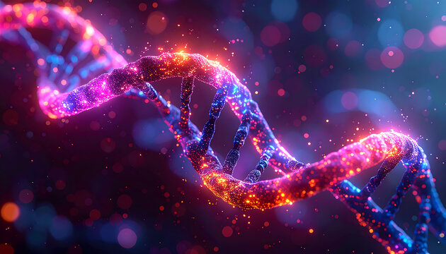 Abstract, Glowing Illustration of a DNA Strand in Bright, Vibrant Colors, Showing Genetic Code - Powered by Adobe