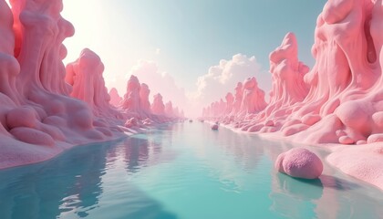 Surreal pastel landscape with pink formations lining turquoise river. Soft clouds drift in pale sky. Otherworldly environment evokes tranquility, dreamlike wonder. Fantasy river flows through alien
