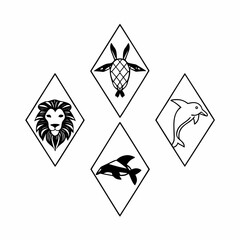 Collection of wildlife animal icons in diamond shapes isolated on, featuring lion, turtle, dolphin, and orca in black and white