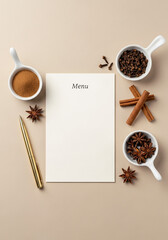 A clean and modern flat lay for Thanksgiving menu planning, featuring a blank menu card, a golden pen, and spices on a minimalist beige background.