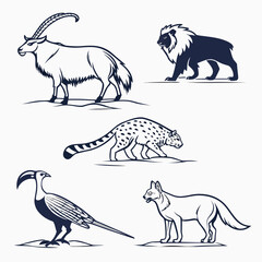 Collection of wildlife animal illustrations isolated on, featuring oryx, lion, genet, ground hornbill, and fennec fox in black and white