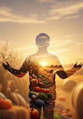 A creative and symbolic double exposure image combining the silhouette of a person in a grateful pose with a vibrant autumn harvest field at sunset.