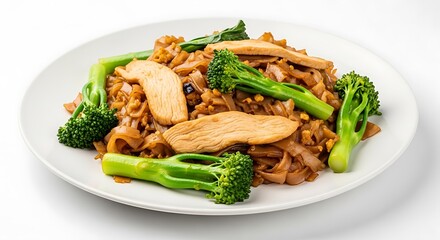 Delicious Chicken and Broccoli Stir-Fry Noodles on White Plate