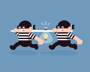 Two cartoon thieves wearing striped outfits run while carrying a stolen glowing light bulb idea in a sack, symbolizing idea theft, innovation stealing, or intellectual property piracy.