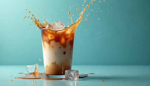 Cold coffee with milk and ice splashes in a tall glass. Liquid drips and droplets scattered on the surface. Refreshing beverage motion captured against a bright blue backdrop.
