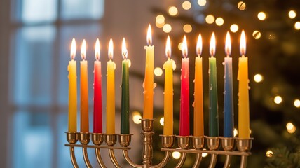 Illuminated menorah candles glow brightly against a festive background