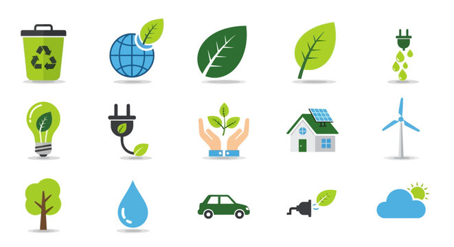 Vibrant collection of diverse eco-friendly icons representing environmental conservation and sustainability.