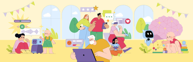 Diverse Group Interacting with Technology Vector Illustration