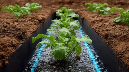 Row of small plants growing in a black rectangular planter box. the planter is filled with soil and has a blue line running through it, indicating that it is a hydroponic system.
