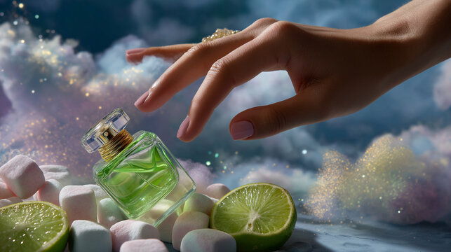 A faceless person’s hand reaching toward a softly glowing green perfume bottle suspended among defocused marshmallows, lime slices, and glittering pastel clouds, ethereal airy ligh
