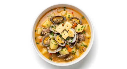 Delicious Clam Chowder Soup with Potatoes and Crackers
