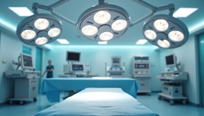 Operating room equipped with modern medical devices and surgical lights above empty patient bed. Hospital interior prepared for surgery. Doctor and nurse in uniform seen in background.