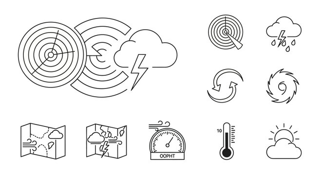 Weather Radar with Cloud, Lightning, and Concentric Circles Outline Illustration.