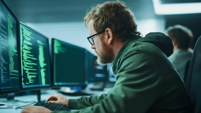 Male programmer coding on multiple computer screens displaying green data and lines of text in a modern office environment