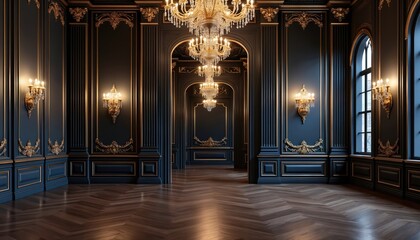 Elegant interior space dark walls with gold accents. Luxurious crystal chandeliers, wall sconces provide light. Wooden floor enhances grand, stylish design. Perfect backdrop for high-end events