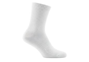 White ribbed crew sock with a textured weave and cushioned sole isolated on a transparent background