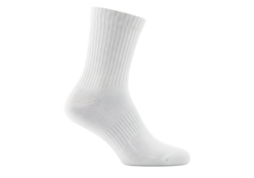 White ribbed crew sock with a textured weave and cushioned sole isolated on a transparent background