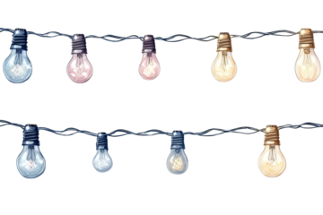 Digitally drawn illustration of two strands of decorative light bulbs against black
