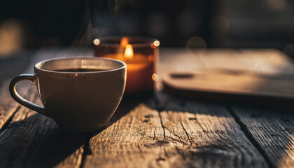 Warm coffee cup on rustic wooden table with soft candle light, cozy autumn mood ideal for design and seasonal background.
