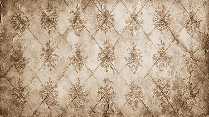 Aged floral wallpaper with a sepia tone, showcasing intricate details and vintage aesthetics