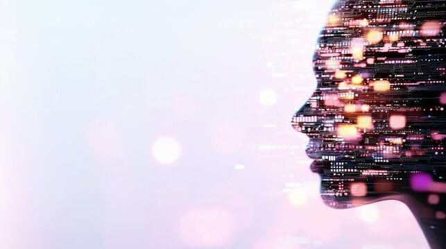 A human head profile is depicted as a silhouette filled with glowing digital data, circuits, and light effects against a soft, blurred background.