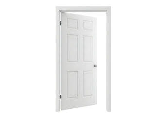 White six-panel interior door ajar with silver doorknob and white door frame isolated on a transparent background