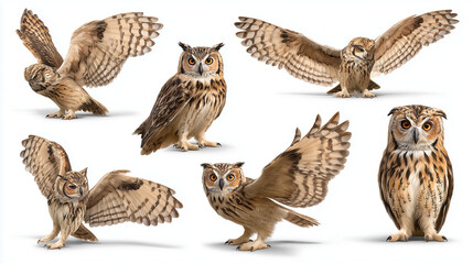 Collection of six eagle owl poses isolated on a white background