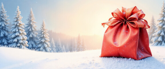 Red gift bag with sparkling bow against snowy forest at sunrise with copy space, representing festive holiday cheer and winter celebration