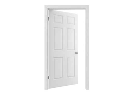 White six-panel interior door ajar with silver doorknob and white door frame isolated on a transparent background