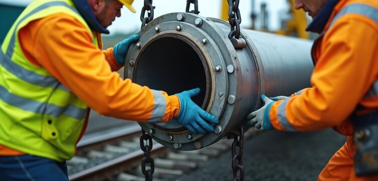 Workers in safety vests and gloves lift large metal pipe section using chain blocks. Riggers connect pipe flange with bolts during industrial construction project on railroad tracks.