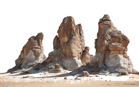 Rugged rock formations rise from a desert expanse against a clear sky, isolated from any background