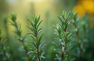 Fototapeta premium Green rosemary sprigs grow in garden. Aromatic herb has needle like leaves, useful for cooking, health benefits, and wellness. Natural plant in sunlight.