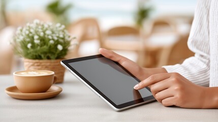 Woman using tablet device in a cozy cafe setting, with a cup of coffee and a small potted plant on the table, showcasing modern technology and relaxation
