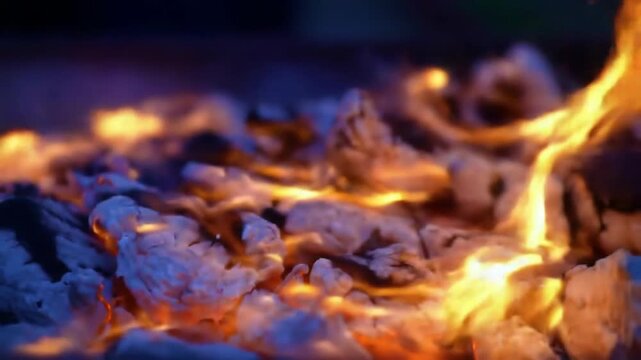 Blazing orange flames dance above glowing embers, surrounded by darkened logs with a bluish tinge in the background
