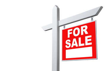 Red for sale sign on a white post isolated on transparent background ready for advertising