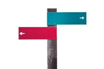 Colorful directional signs on a wooden post for guiding travelers