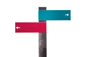 Colorful directional signs on a wooden post for guiding travelers