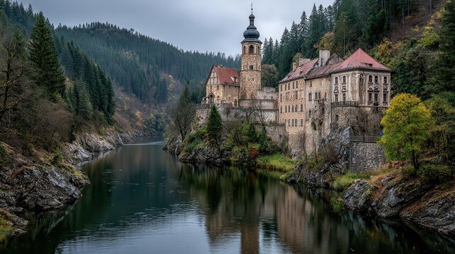 Viewing Castle on the River in Czech Republic with Dense Forest and Calm Water, overcast day