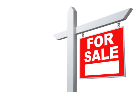 Red for sale sign on a white post isolated on transparent background ready for advertising