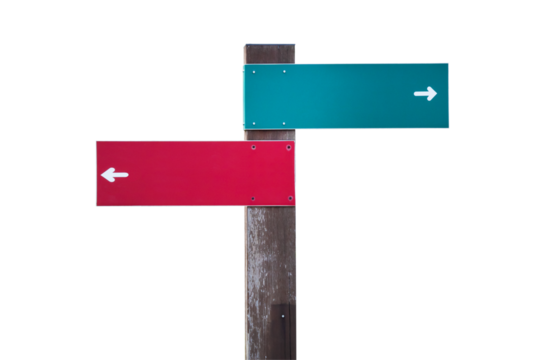 Colorful directional signs on a wooden post for guiding travelers