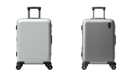 Two modern, rectangular rolling suitcases, one silver, one gray, with telescoping handles