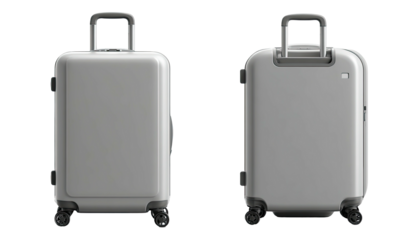 Two views of a light-grey, rolling suitcase; front and back. Black handles and wheels